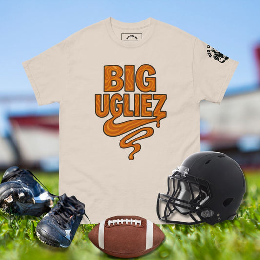Big Ugliez syrup-style football t-shirt design in orange lettering