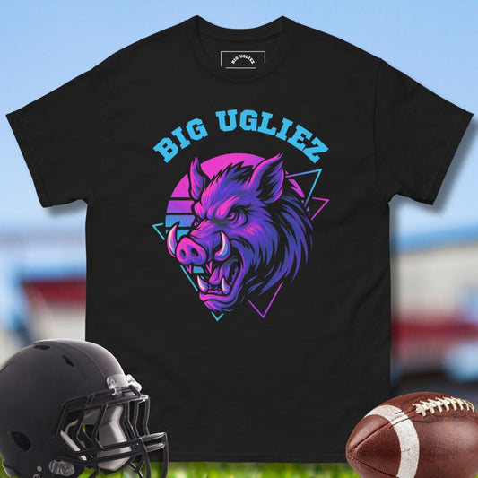 Black Football Olineman Tshirt with Neon Big Ugliez Hog Design