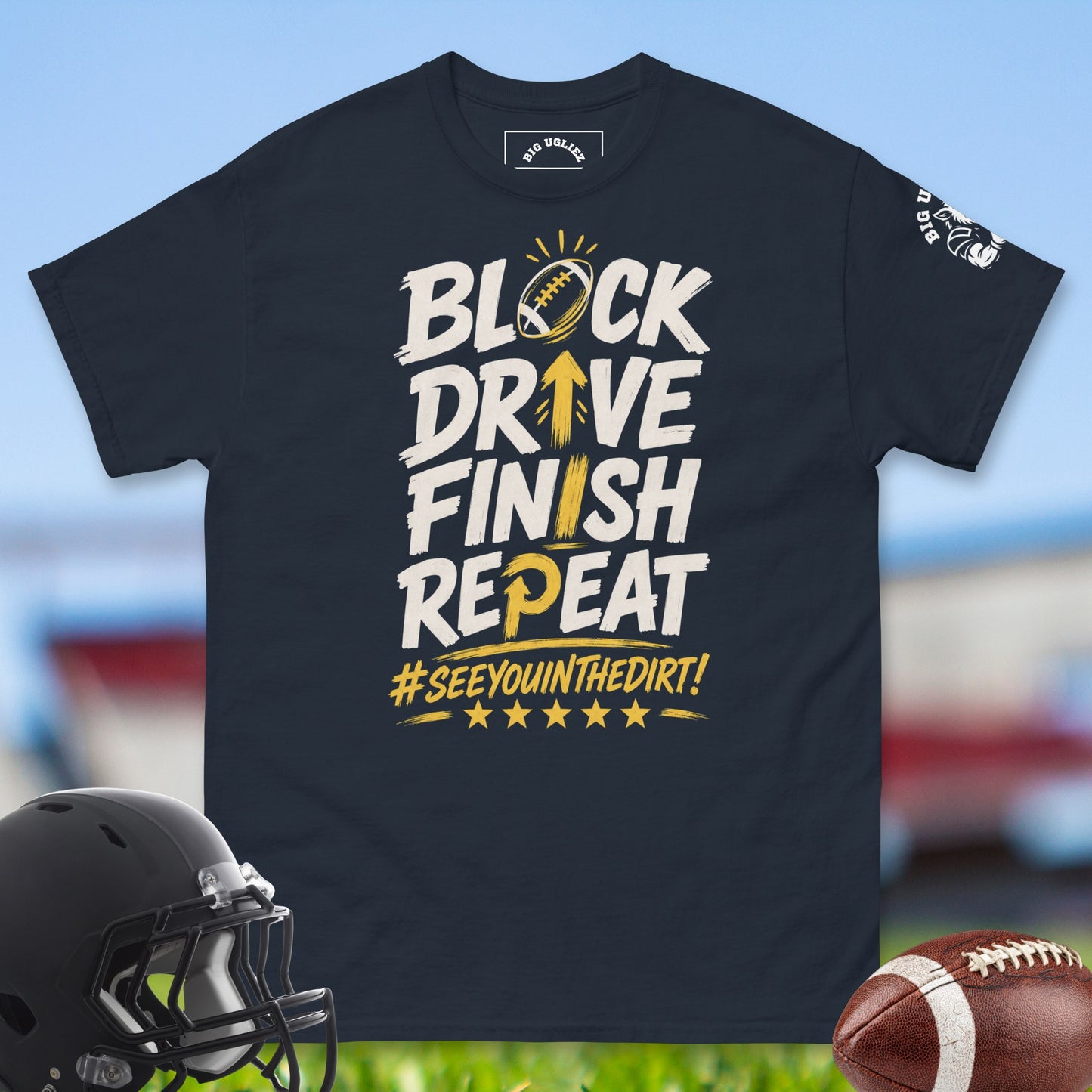 Block_Drive_Finish_Repeat_T-shirt_for_Offensive_Lineman_in_Navy