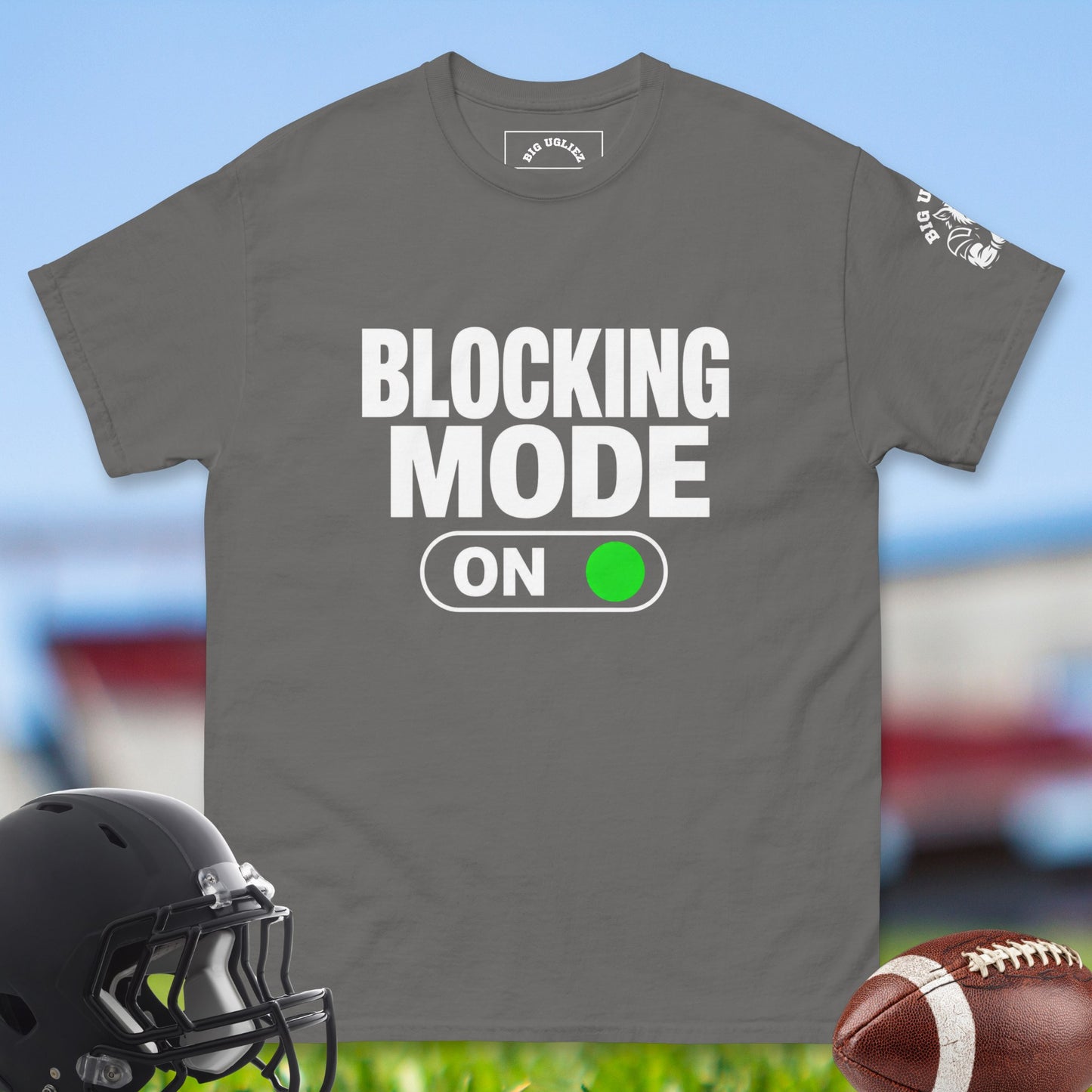 Blocking_Mode_On_T-shirt_for_Offensive_Lineman_in_Charcoal color