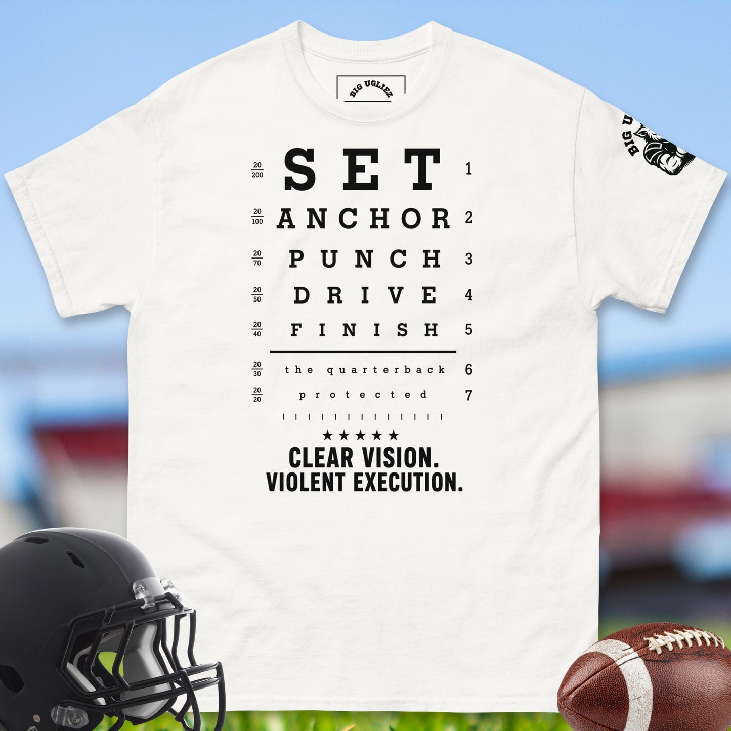 Clear_Vision_Violent_Execution_T-shirt_for_Offensive_Lineman_in_White