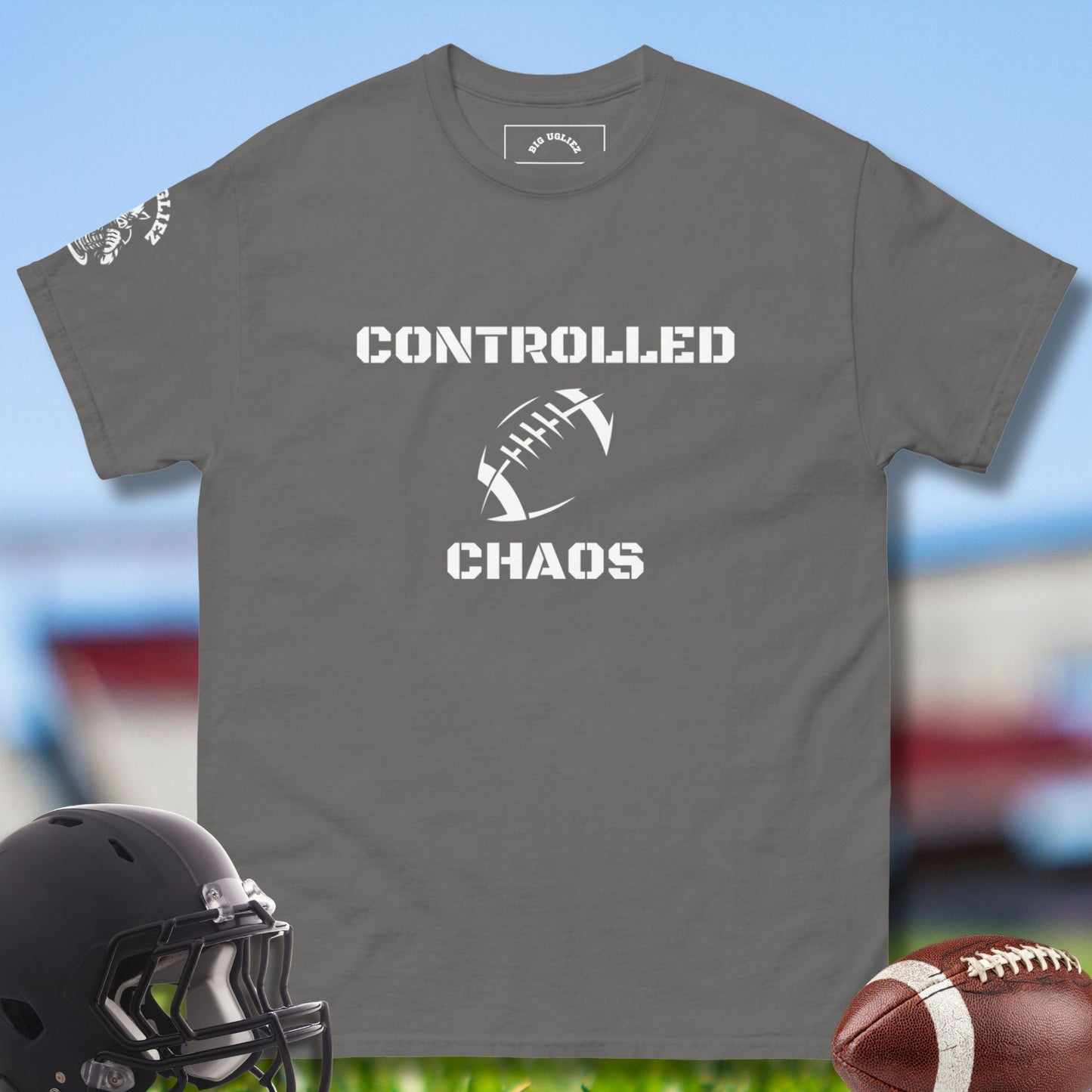 Controlled Chaos O-line Football T-shirt by Big Ugliez in Charcoal