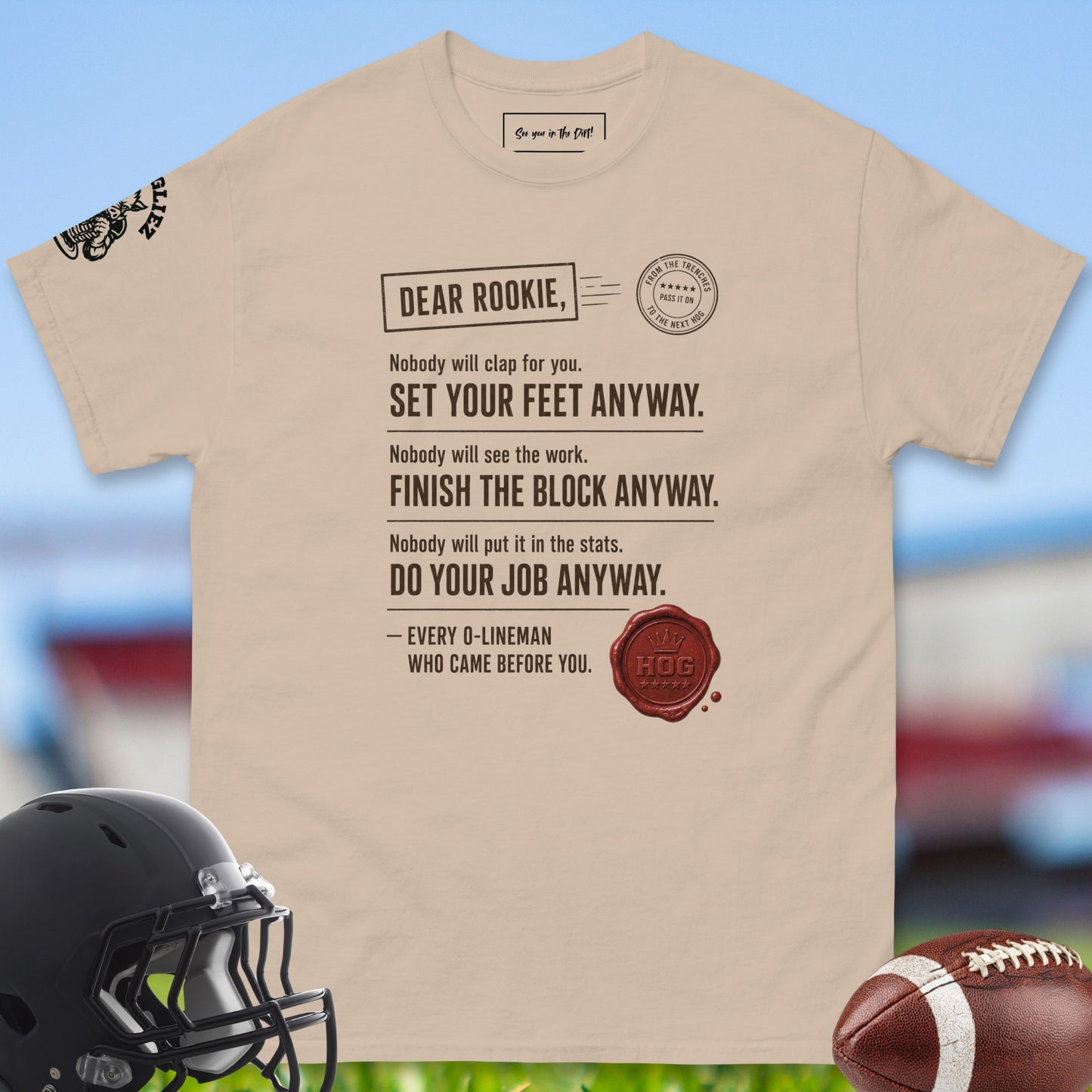 Dear_Rookie_T-shirt_for_Offensive_Lineman_in_Sand