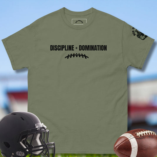 Green t-shirt with 'Discipline = Domination' text, black helmet, and football on a sports field background.