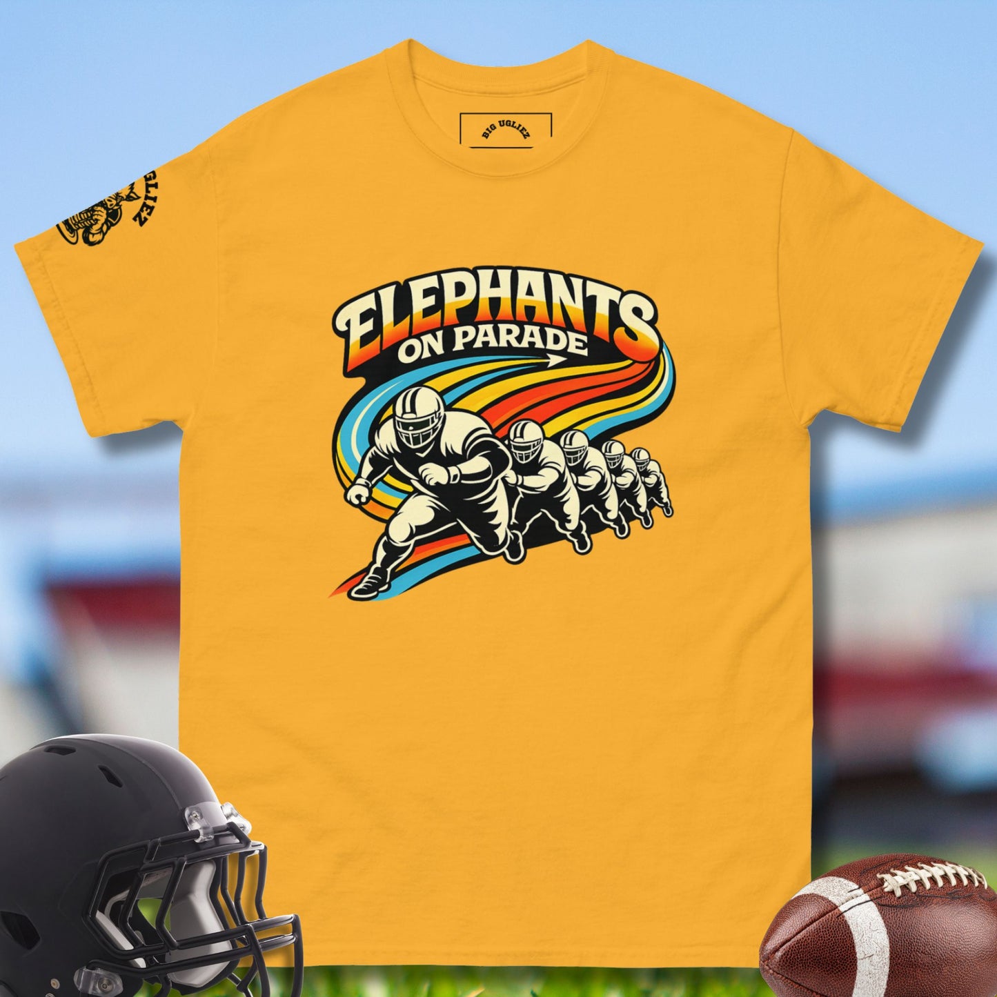 Elephants On Parade T-shirt for the Offensive Line in yellow gold
