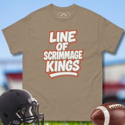 Football Offensive Lineman Beige T-shirt with Line of Scrimmage Kings Design by Big Ugliez