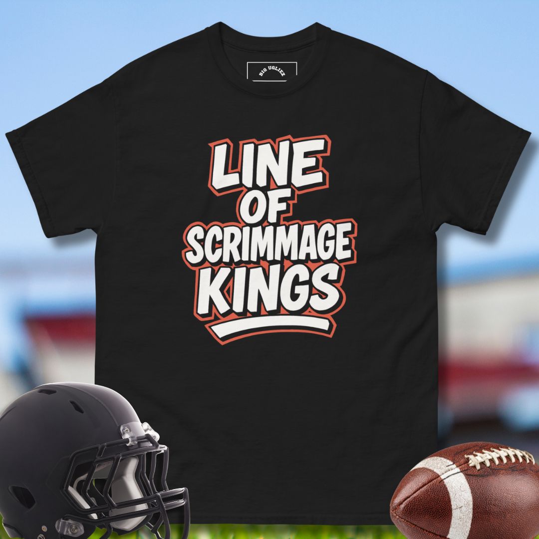 Football Offensive Lineman Black T-shirt with Line of Scrimmage Kings Design by Big Ugliez