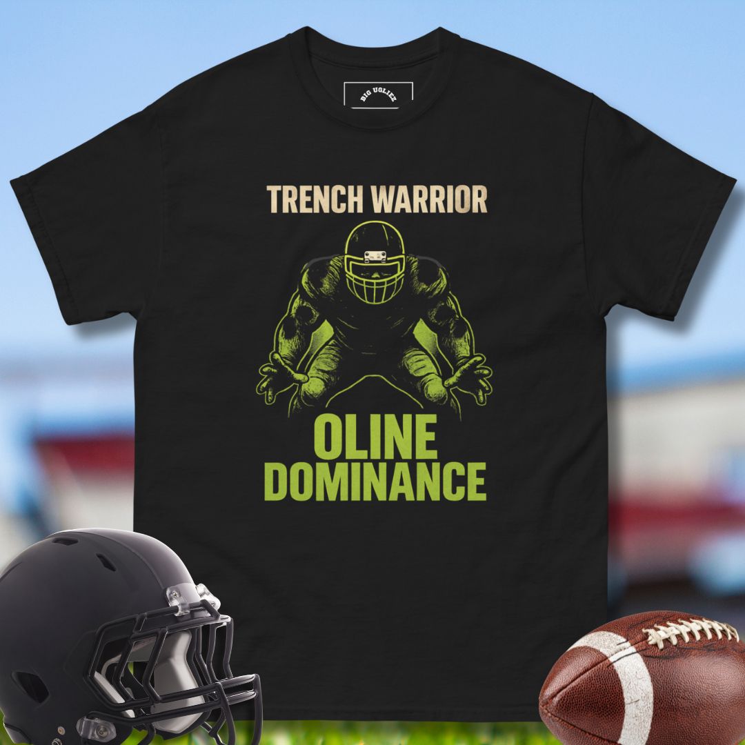 Football Offensive Lineman Black T-shirt with Trench Warrior Design by Big Ugliez. 