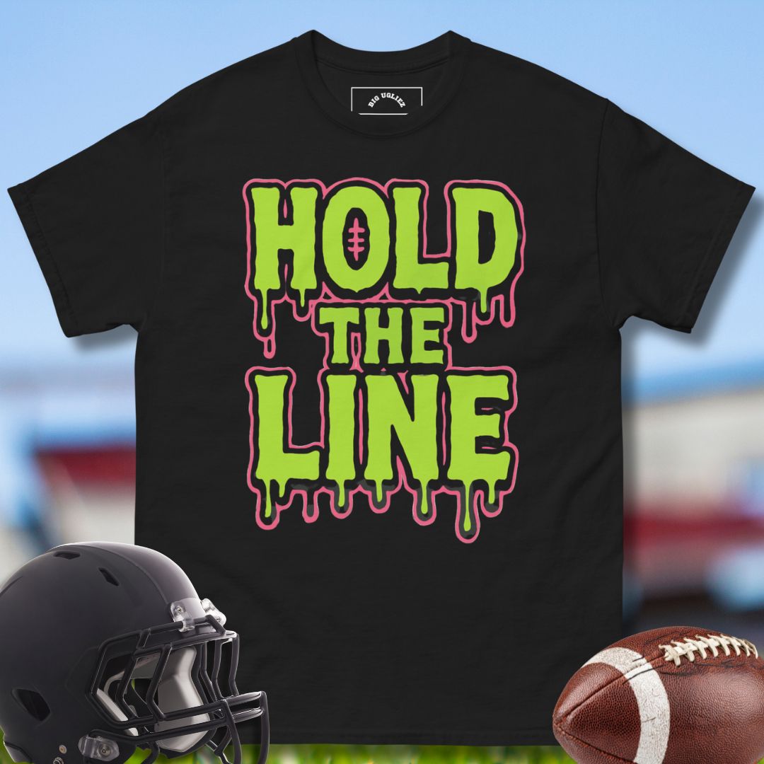 Football Offensive Lineman Black Tshirt with Hold the Line design by Big Ugliez
