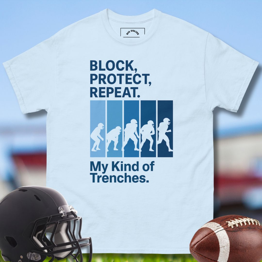 Football Olineman Tshirt in blue with Block Protect Repeat design by Big Ugliez