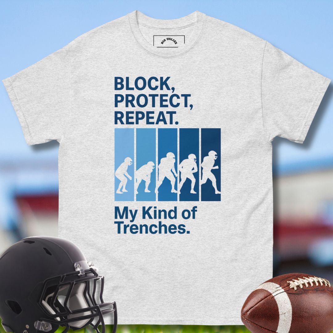 Football Olineman Tshirt in gray with Block Protect Repeat design by Big Ugliez