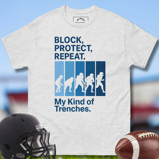 Football Olineman Tshirt in gray with Block Protect Repeat design by Big Ugliez