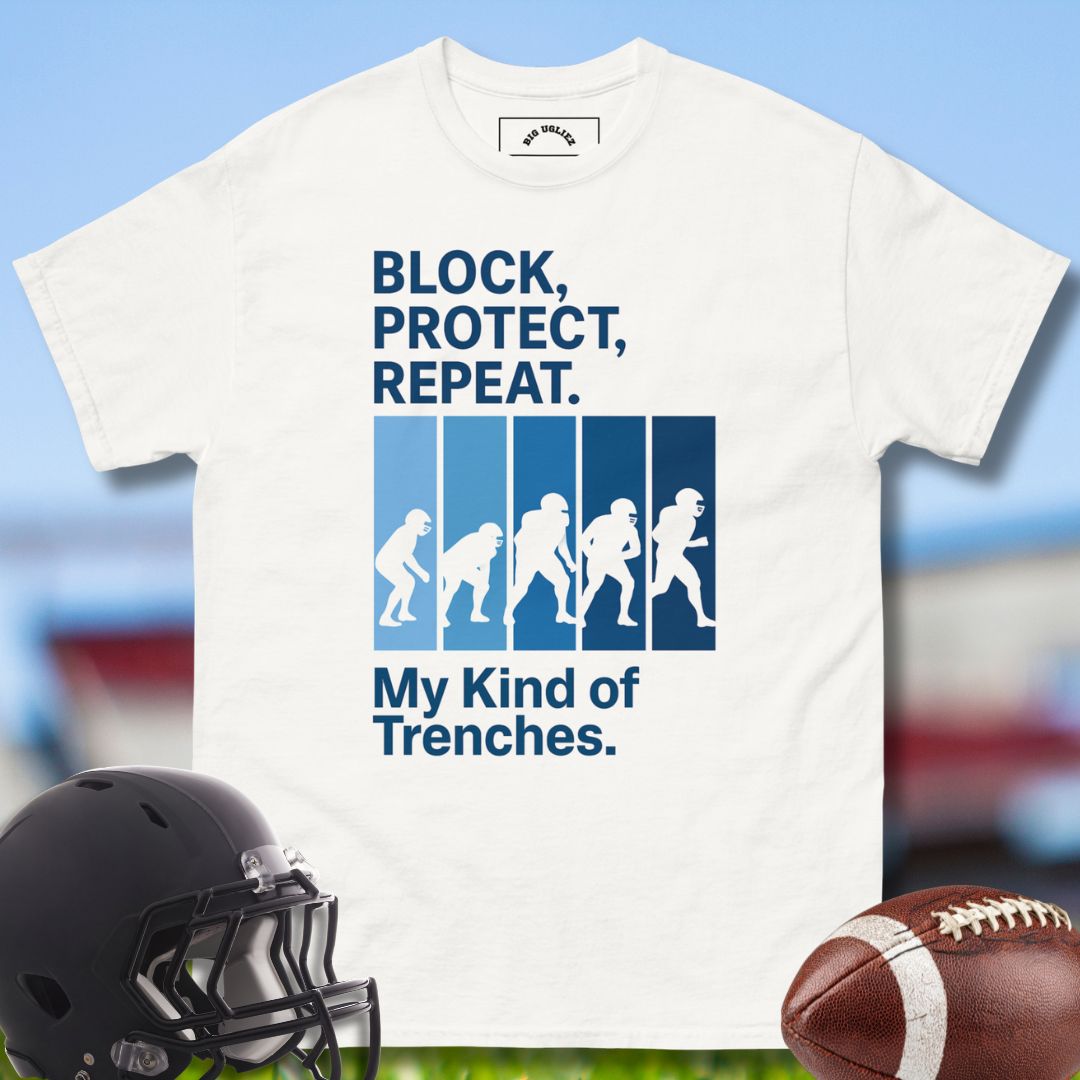 Football Olineman Tshirt in white with Block Protect Repeat design by Big Ugliez