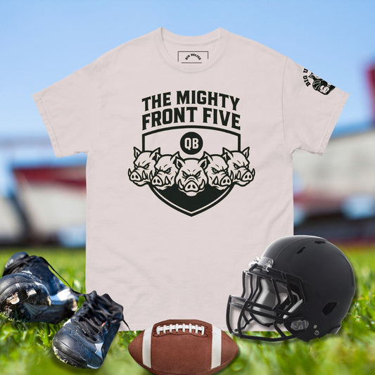 Football shirt with five hog heads in a shield and text The Mighty Front Five