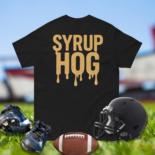 Football shirt with golden syrup-style text reading Syrup Hog