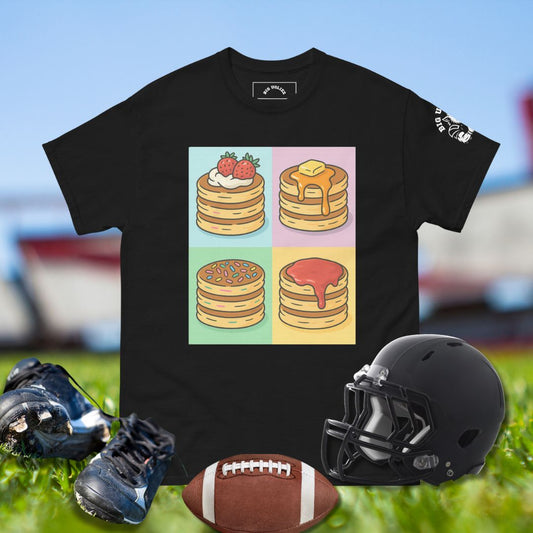 Black t-shirt with colorful pancake design by Big Ugliez