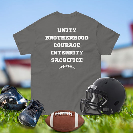 Gray football t-shirt for Offensive Linemen with Unity, Brotherhood, Courage, Integrity, Sacrifice text