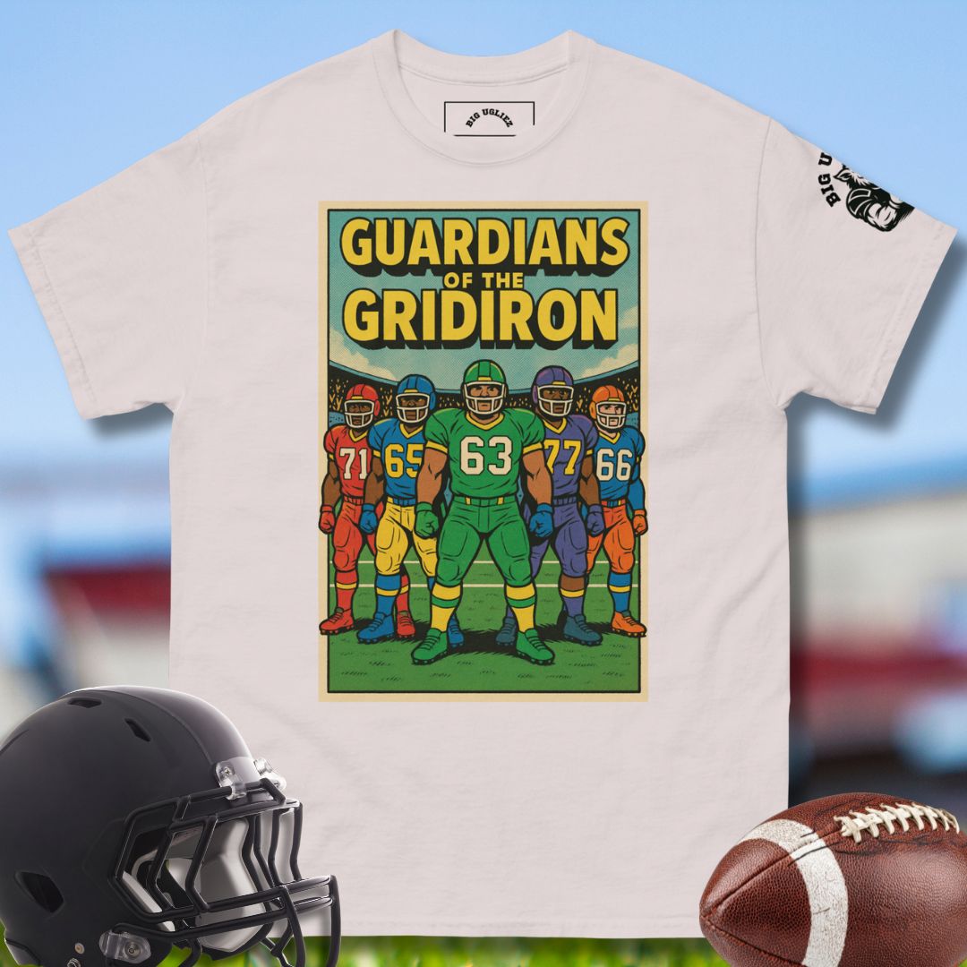 T-shirt with 'Guardians of the Gridiron' design featuring football players, helmet, and football on a blue background.