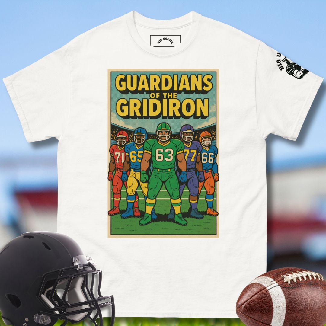 White t-shirt with 'Guardians of the Gridiron' graphic, helmet, and football on a blurred sports background