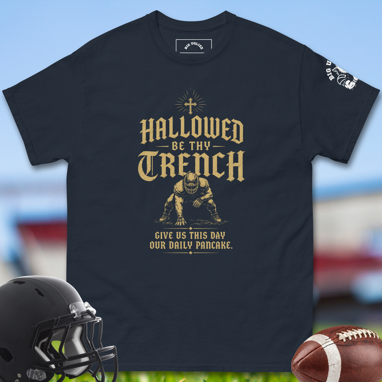 Hallowed_Be_Thy_Trench_T-shirt_for_Offensive_Lineman_in_Navy