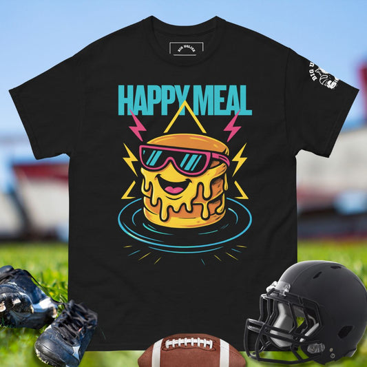 Big Ugliez Happy Meal football t-shirt featuring smiling pancake with sunglasses, symbolizing O-line humor and trench dominance.