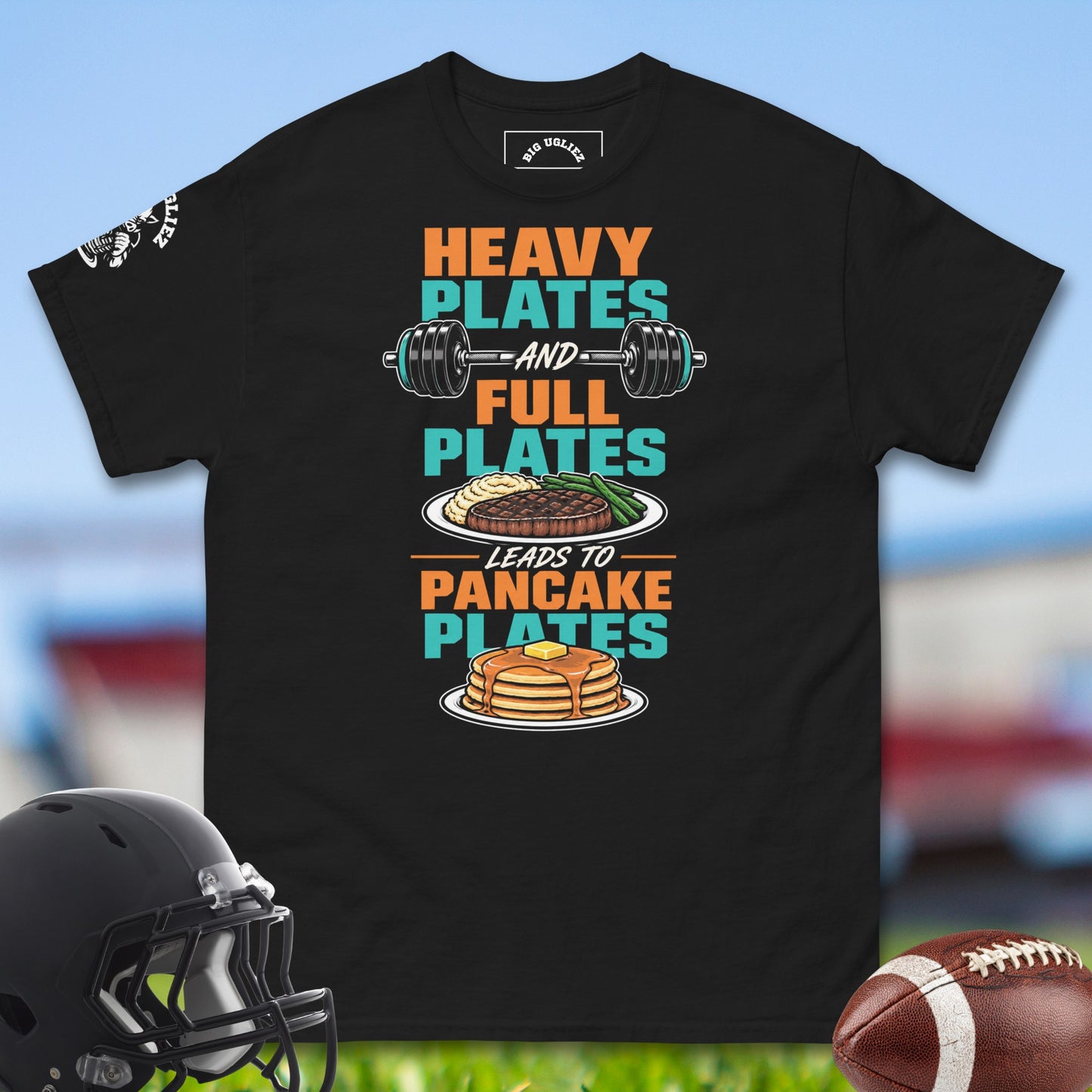 Heavy_Plates_And_Full_Plates_Leads_To_Pancake_Plates_T-shirt_for_Offensive_Lineman_in_Black