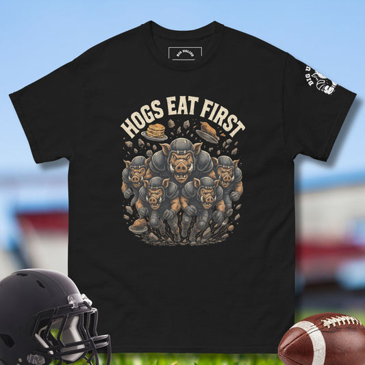 Hogs Eat First Tshirt for Football Olinemen in black