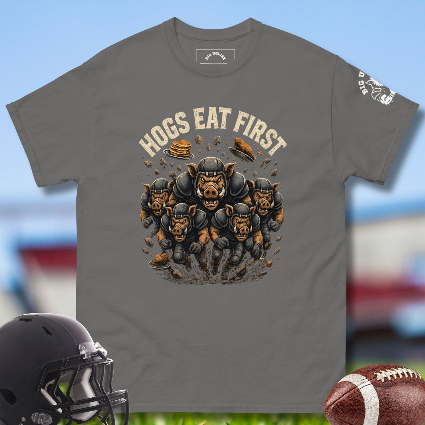 Hogs Eat First Tshirt for Football Olinemen in charcoal