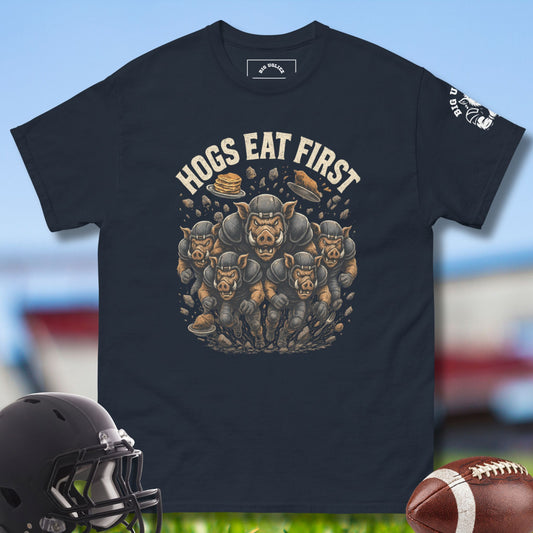Hogs Eat First Tshirt for Football Olinemen in navy