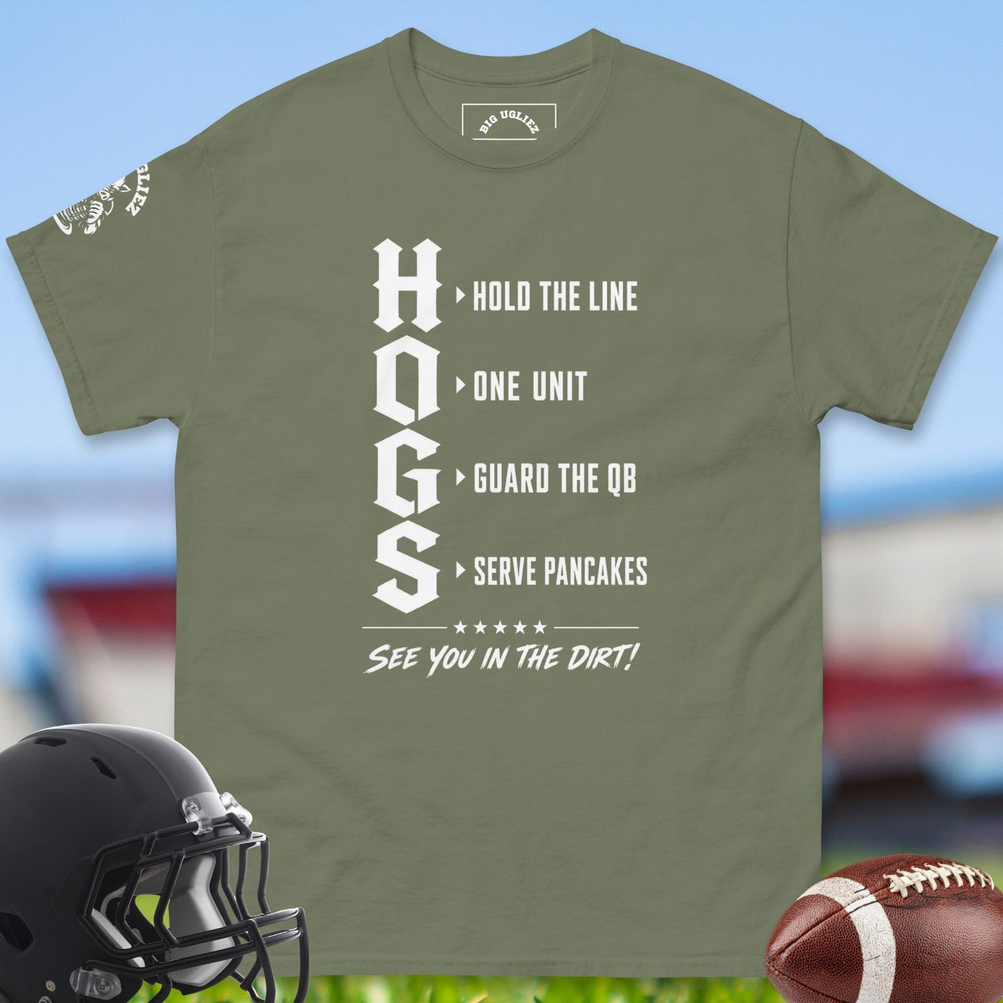 Hogs_T-shirt_for_Offensive_Lineman_in_Military_Green