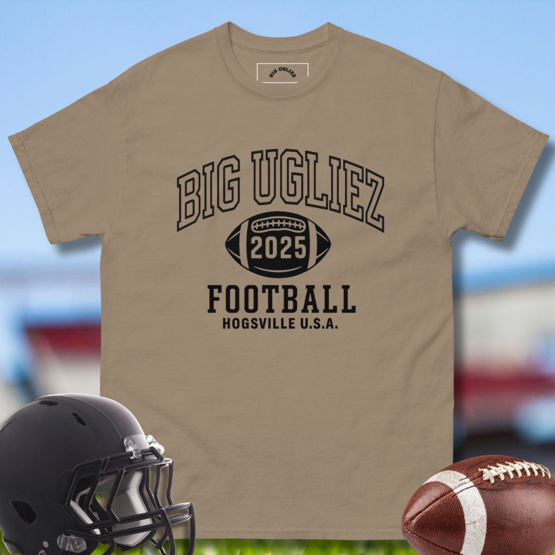 Beige t-shirt with 'BIG UGLIEZ 2025 FOOTBALL HOGSVILLE U.S.