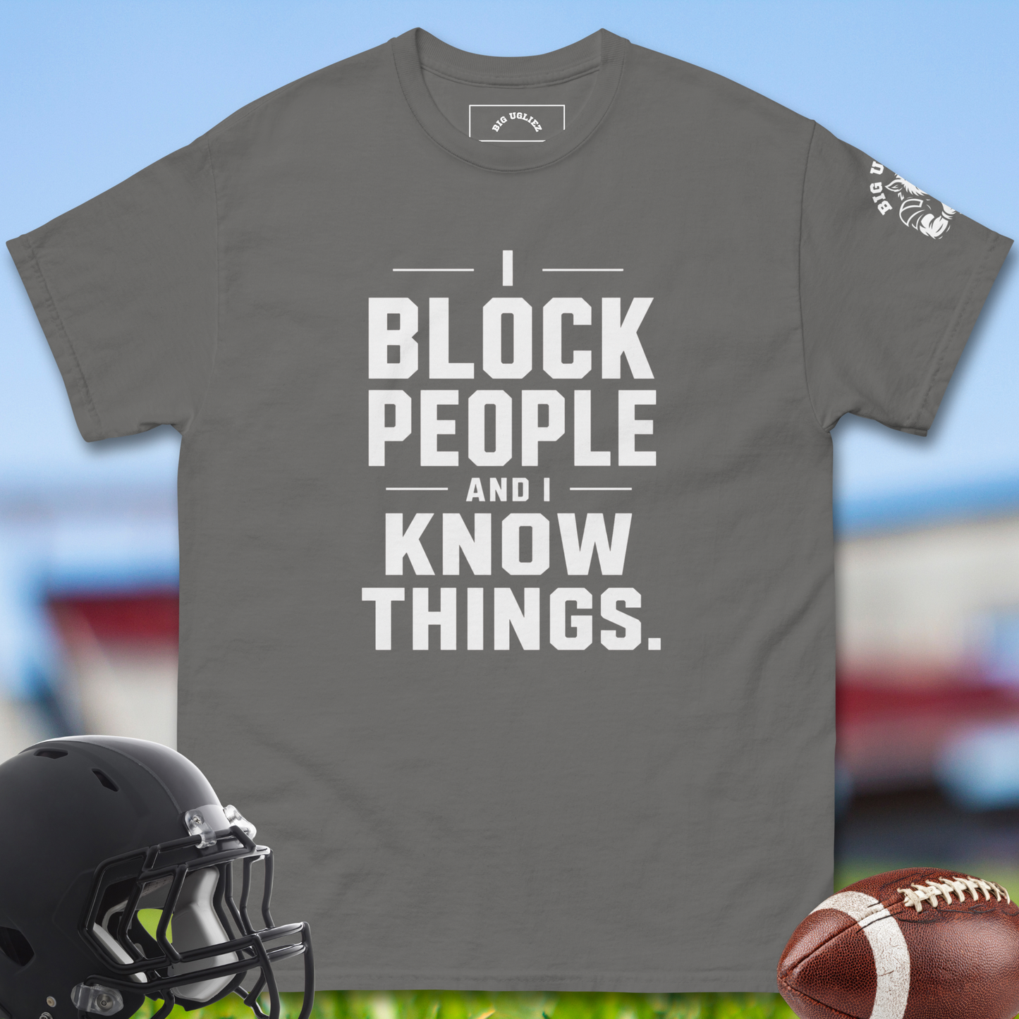 I_Block_People_And_I_Know_Things_T-shirt_for_Offensive_Lineman_in_Charcoal