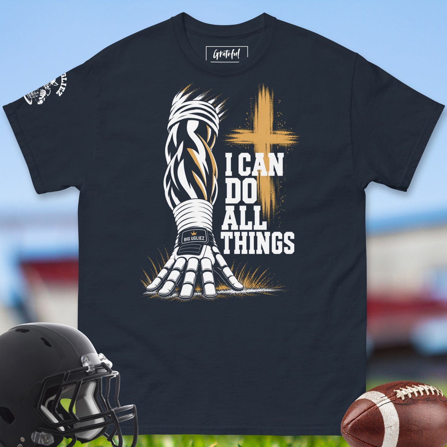 I can do all things O-lineman tshirt in blue