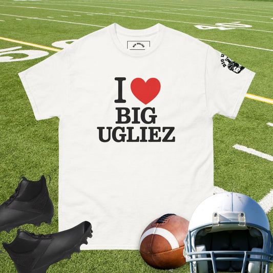 Football lineman fan tee with I heart BIG UGLIEZ logo