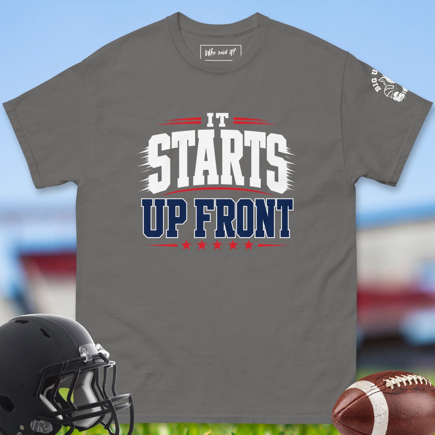 It_Starts_Up_Front_T-shirt_for_Offensive_Lineman_in_Charcoal