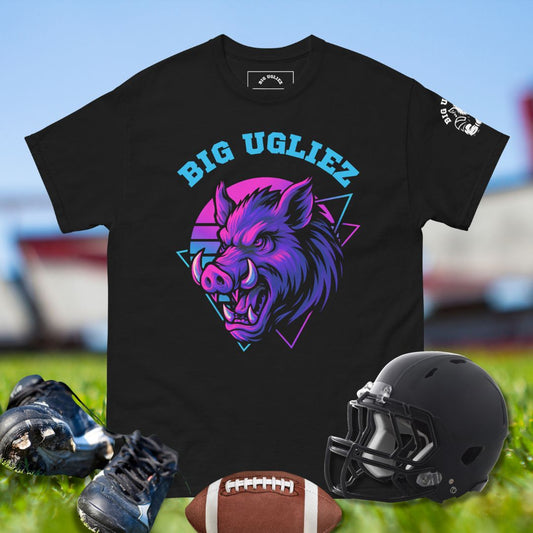 Black t-shirt with 'BIG UGLIEZ' graphic on a grassy field background