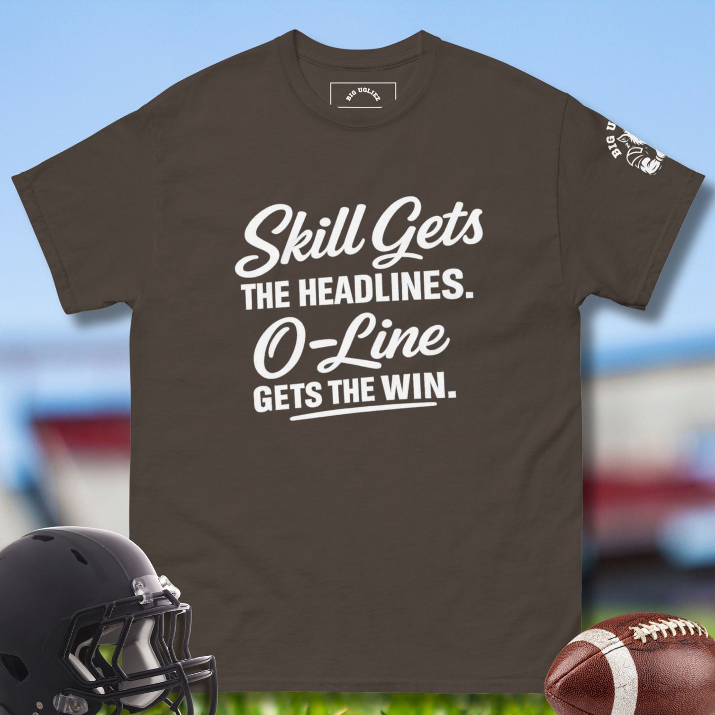 O-line Gets The Win Tshirt by Big Ugliez in army chocolate brown