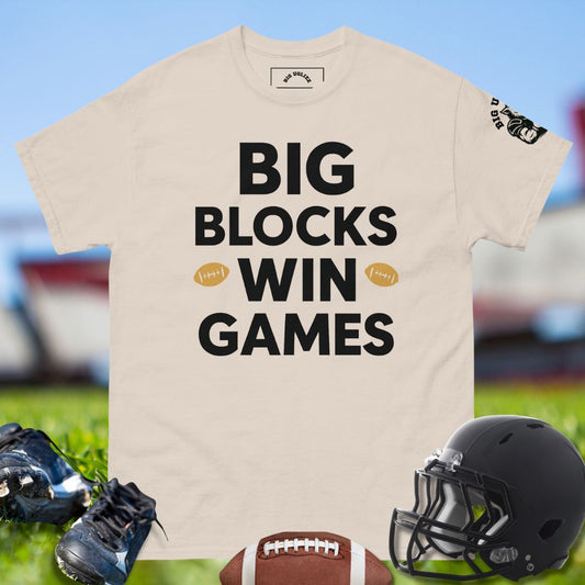 O-lineman inspired Big Ugliez t-shirt with Big Blocks Win Games design celebrating trench power and blocking grit.