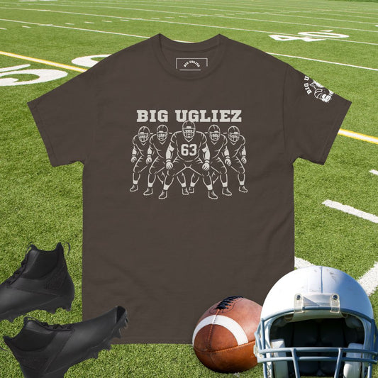 Offensive linemen graphic t-shirt with Big Ugliez text and number 63