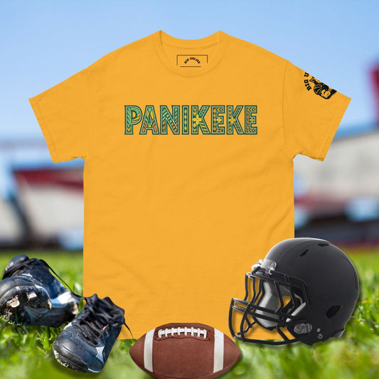 PANIKEKE Tribal Tee in tropical colors with Polynesian-inspired tattoo block letters.