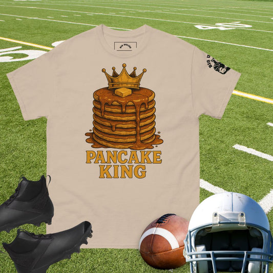 Pancake King football shirt featuring dripping syrup and butter with crown on pancakes