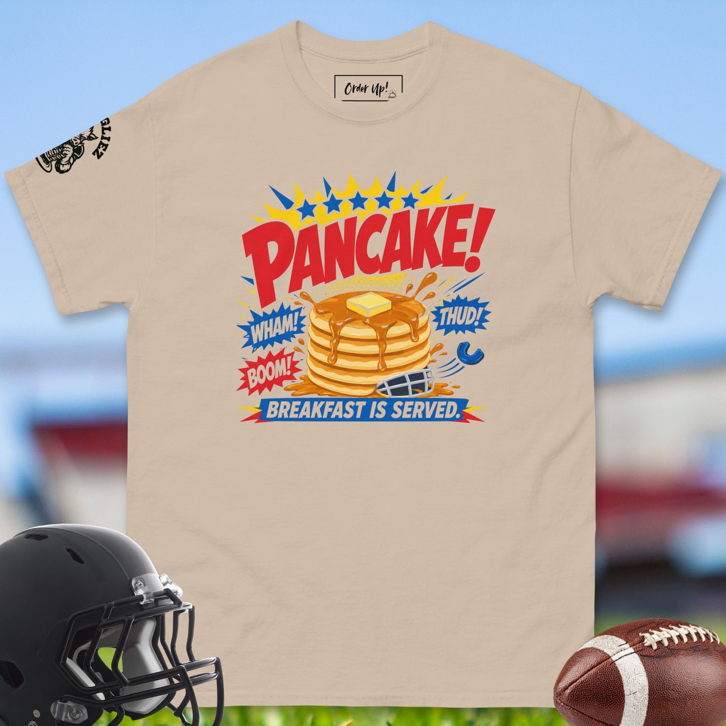 Pancake_Breakfast_Is_Served_T-shirt_for_Offensive_Lineman_in_Sand