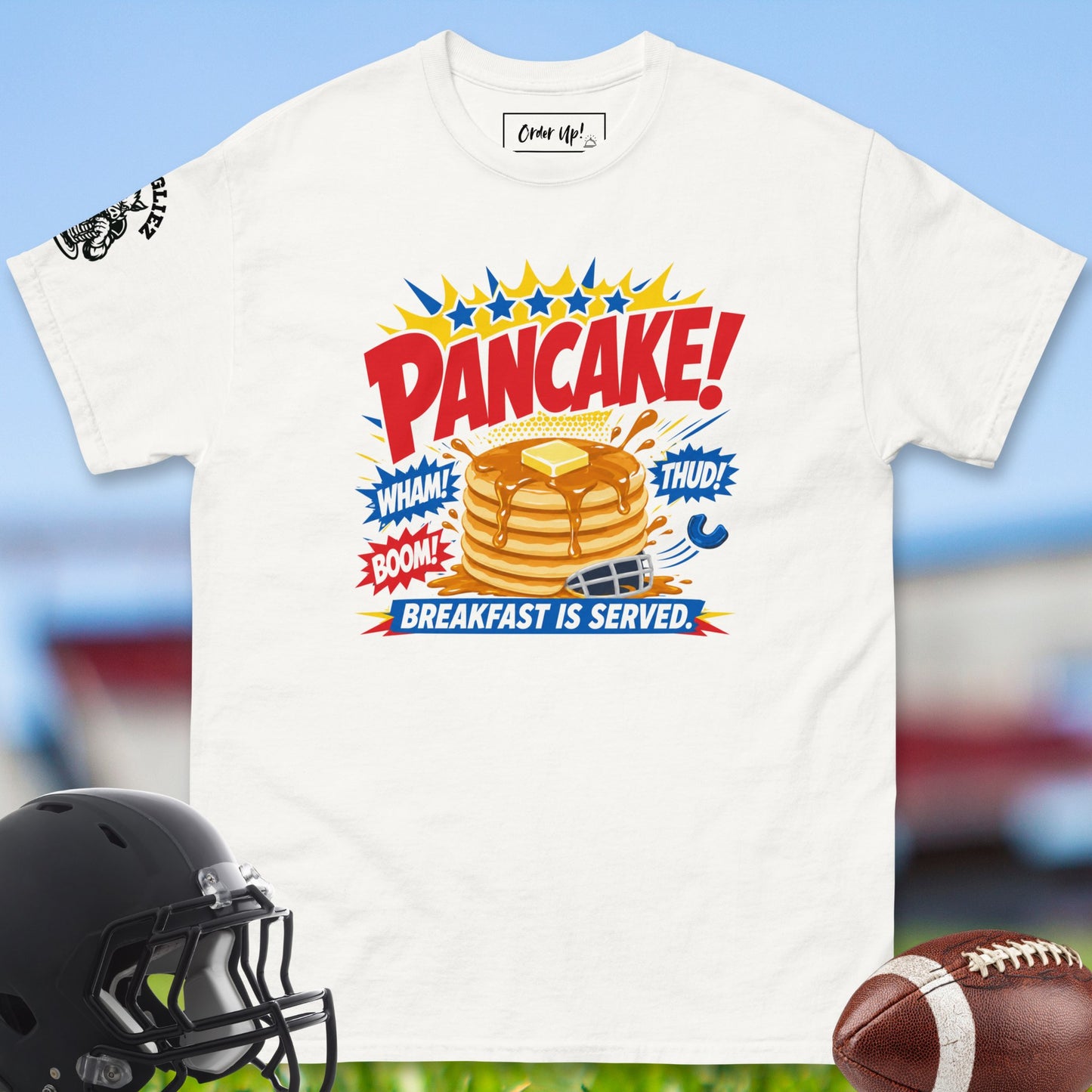 Pancake_Breakfast_Is_Served_T-shirt_for_Offensive_Lineman_in_White