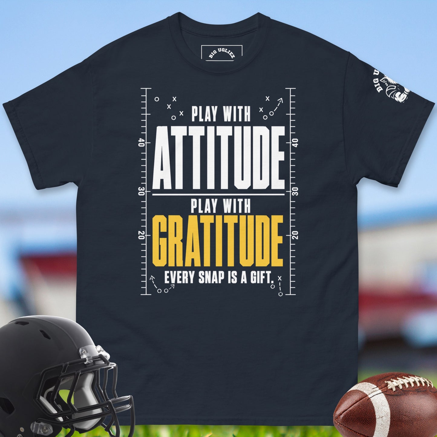 Play_With_Attitude_Play_With_Gratitude_T-shirt_for_Offensive_Lineman_in_Navy