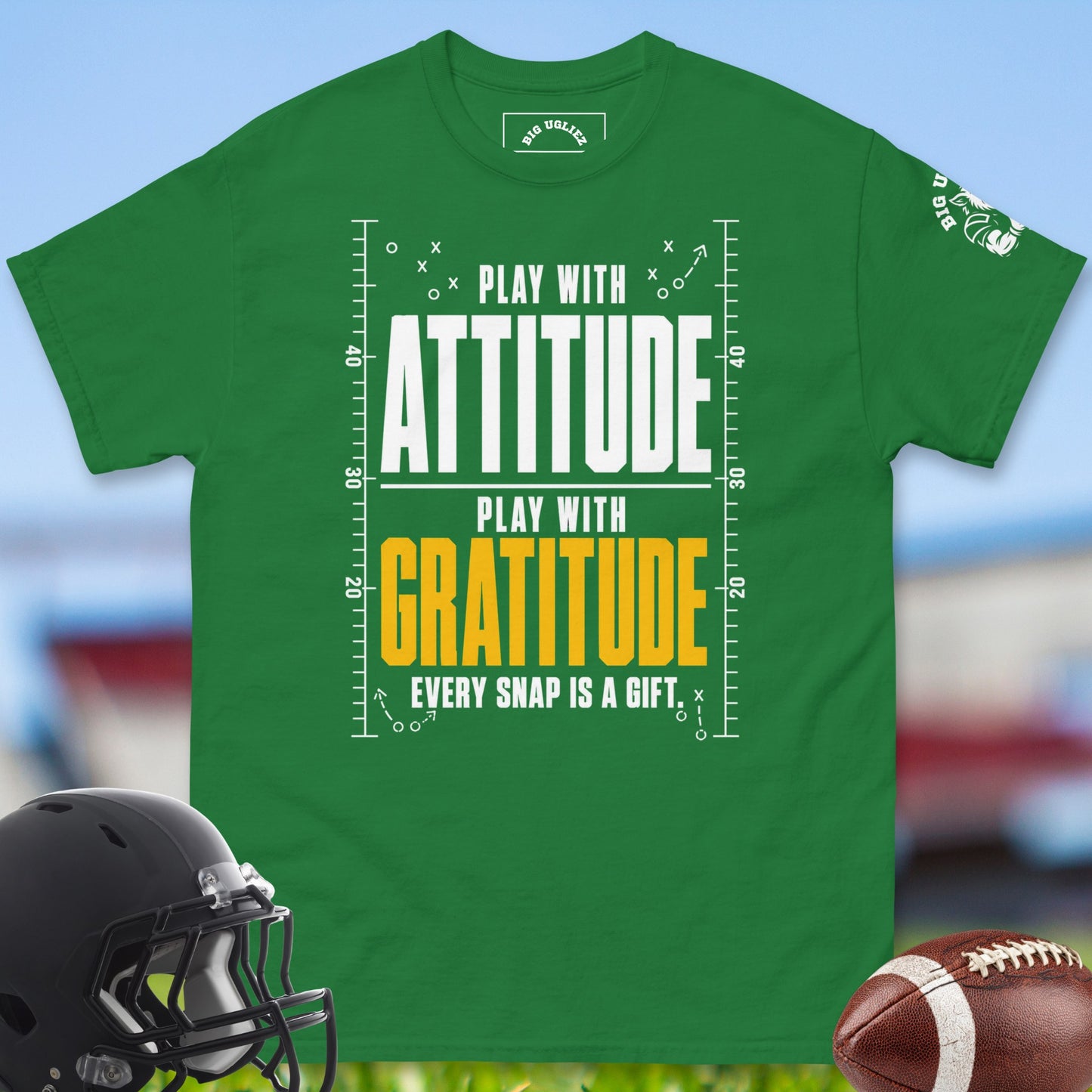 Play_With_Attitude_Play_With_Gratitude_T-shirt_for_Offensive_Lineman_in_Turf_Green