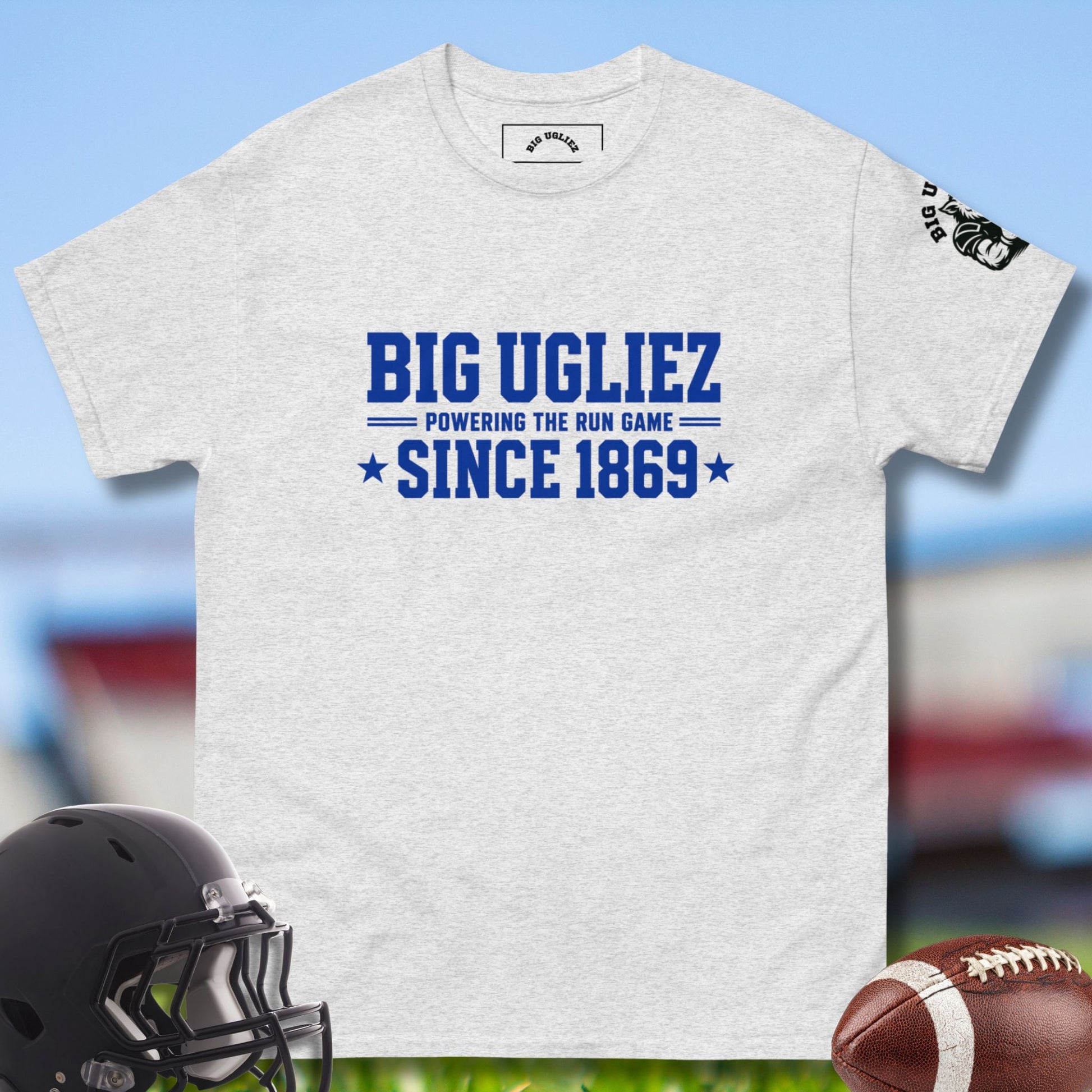 Powering The Run T-shirt for offensive linemen by Big Ugliez in Ash Gray