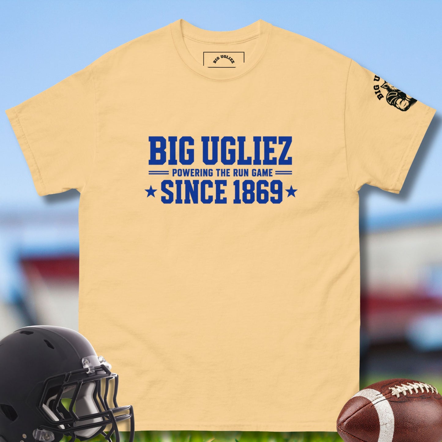 Powering The Run T-shirt for offensive linemen by Big Ugliez in yellow