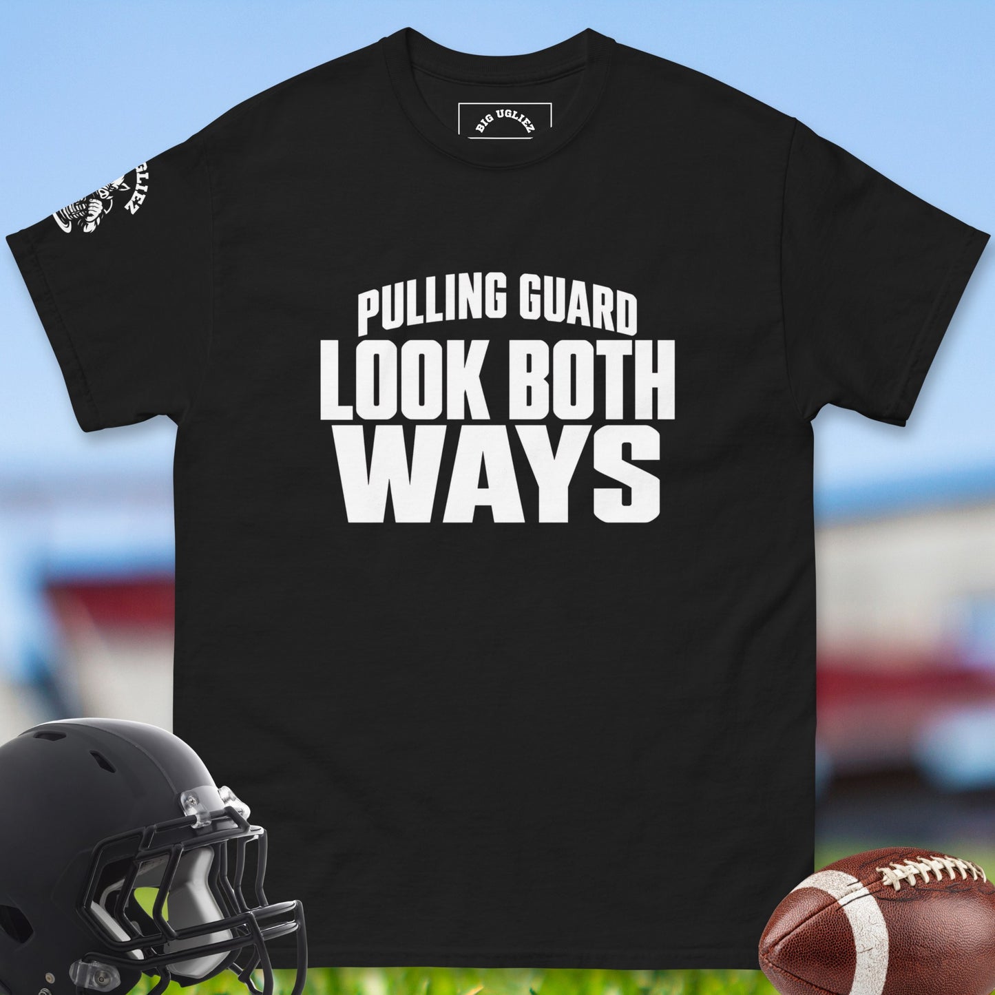 Pulling_Guard_Look_Both_Ways_T-shirt_for_Offensive_Lineman_in_Black