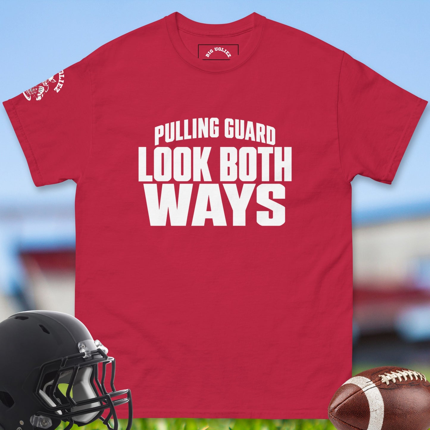 Pulling_Guard_Look_Both_Ways_T-shirt_for_Offensive_Lineman_in_Cardinal