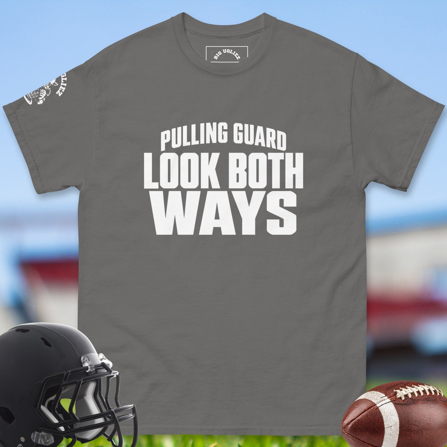 Pulling_Guard_Look_Both_Ways_T-shirt_for_Offensive_Lineman_in_Charcoal